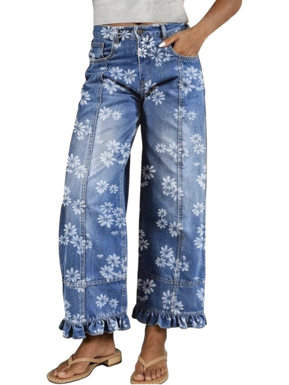 Flamingals Mid Waist Floral Wide Leg Crop Jeans for Women 3XL